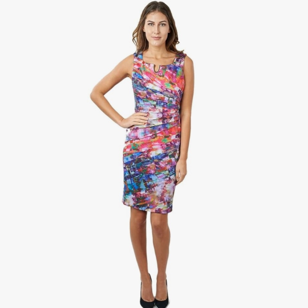 Joseph Ribcoff Multcolor Ruched Dress with Goldtone Accent - Size 10